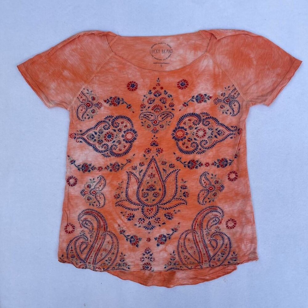Lucky Brand Paisley Off-Shoulder Coral Peach Shirt Sz S Fall Autumn Causal Comfy